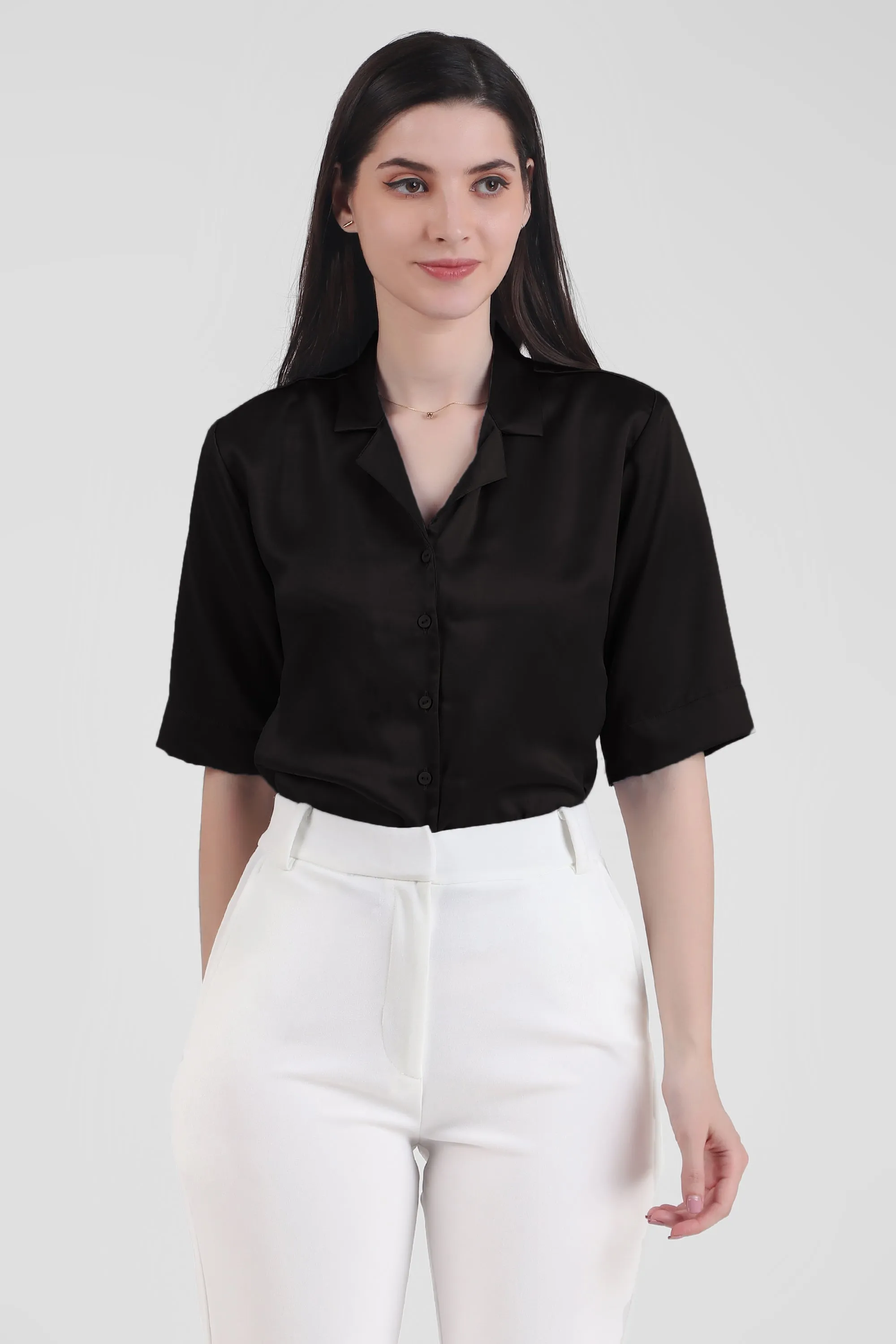 Short Sleeve Satin Shirt, Black