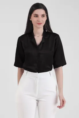Short Sleeve Satin Shirt, Black