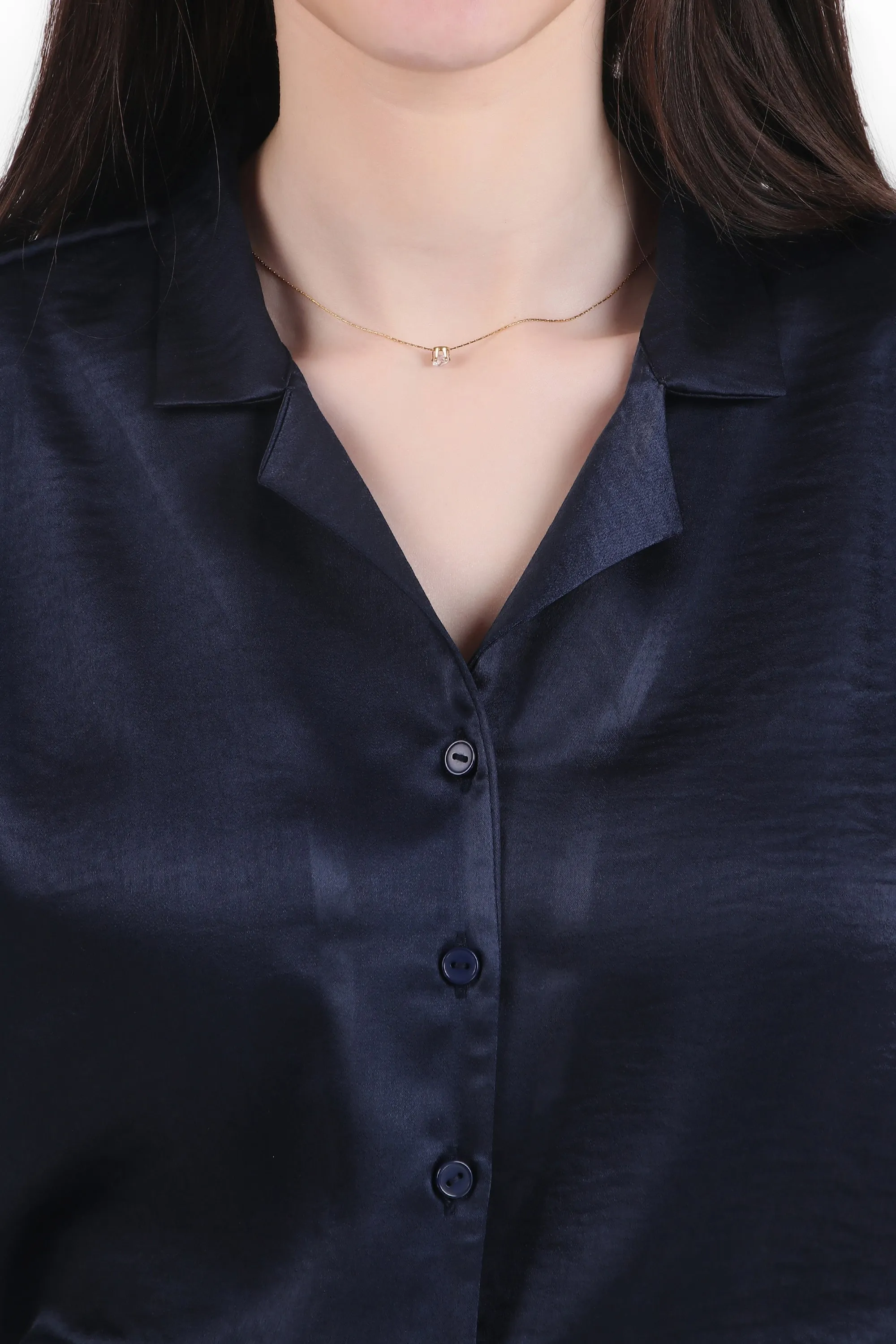 Short Sleeve Satin Shirt, Deep Sea Blue