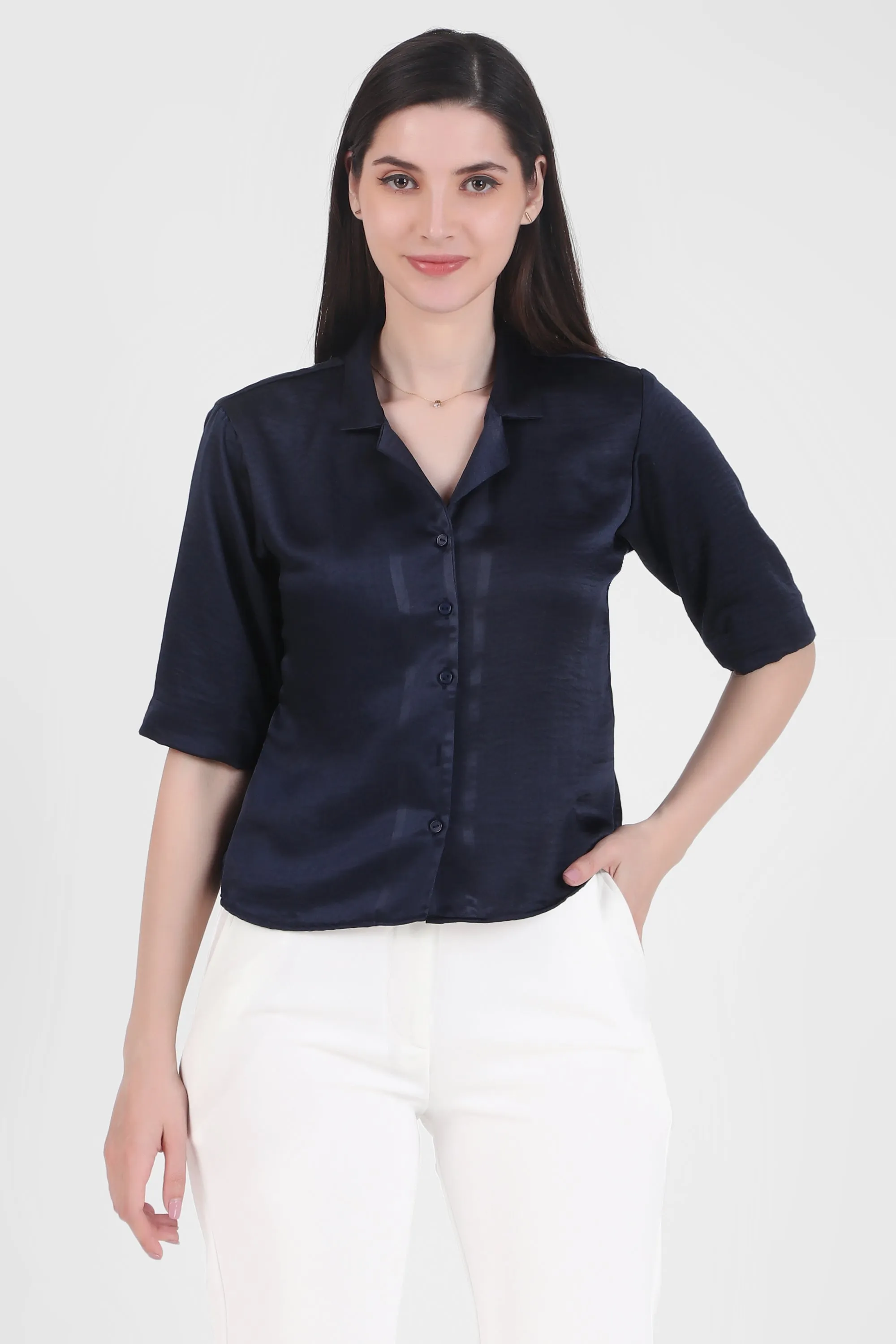 Short Sleeve Satin Shirt, Deep Sea Blue