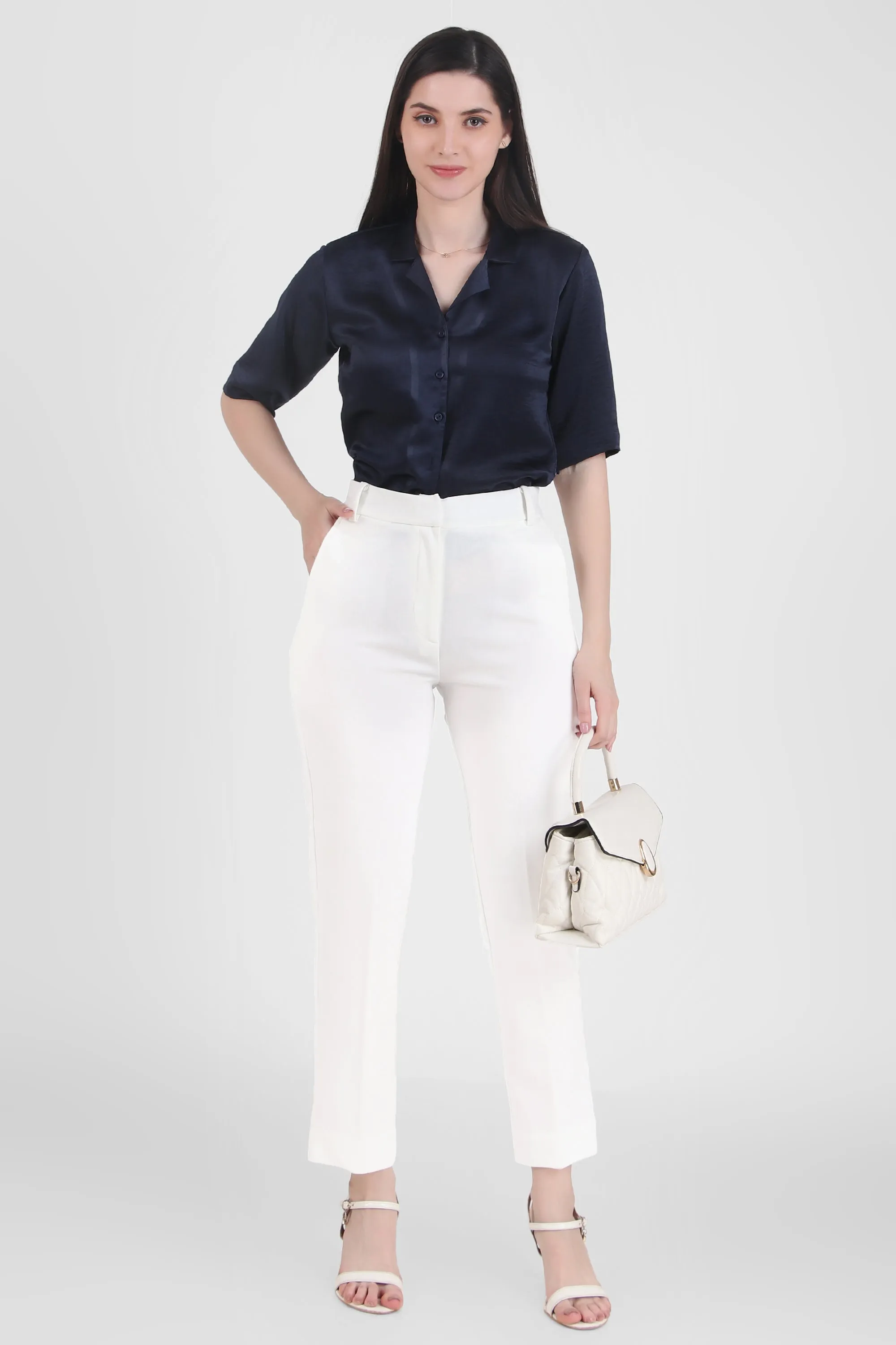 Short Sleeve Satin Shirt, Deep Sea Blue
