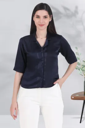 Short Sleeve Satin Shirt, Deep Sea Blue
