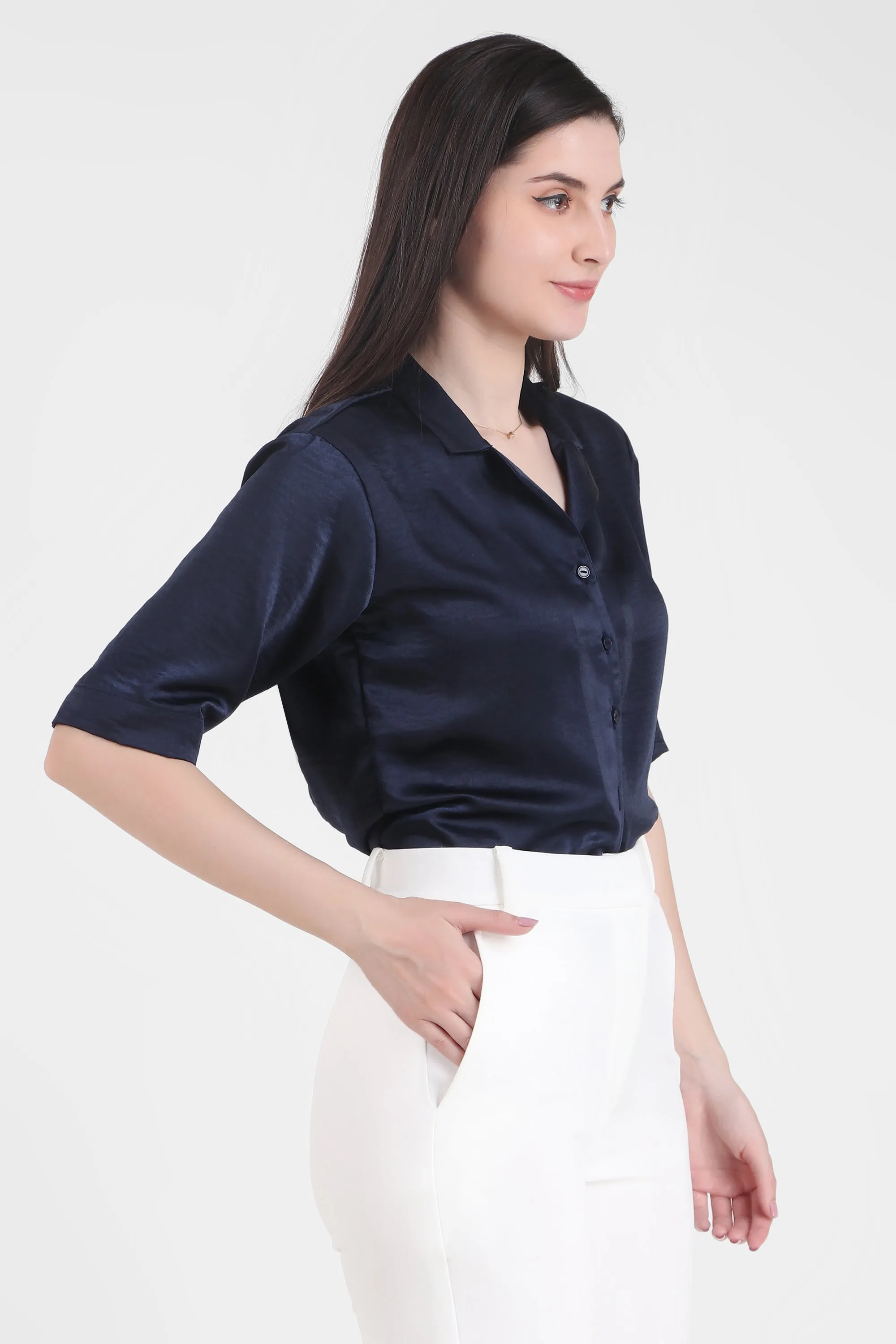 Short Sleeve Satin Shirt, Deep Sea Blue